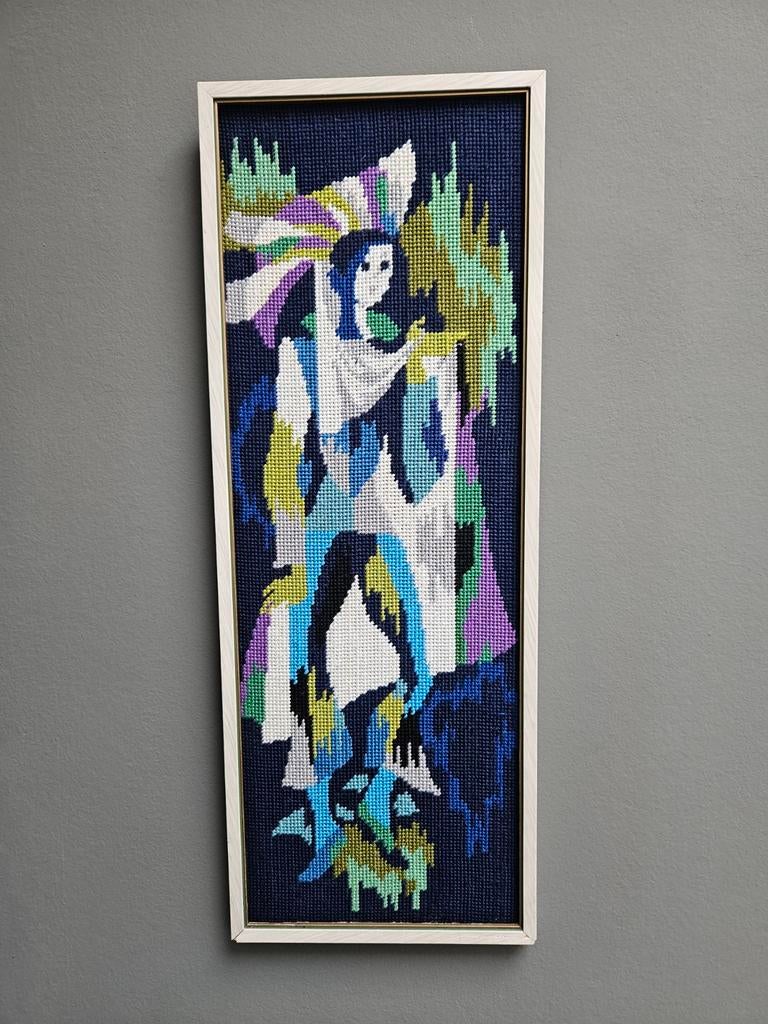Frans vintage canvas wanddecoratie Harlekijn met frame 1960, Antiek en Kunst, Kunst | Schilderijen | Abstract, Ophalen of Verzenden