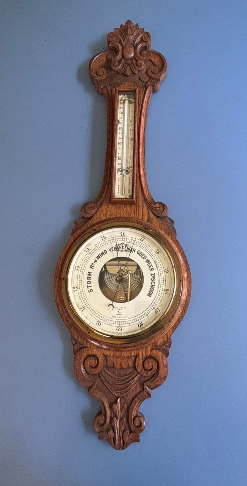 Antieke Barometer en Thermometer in Eikenhout 90 cm, Ophalen of Verzenden, Gebruikt
