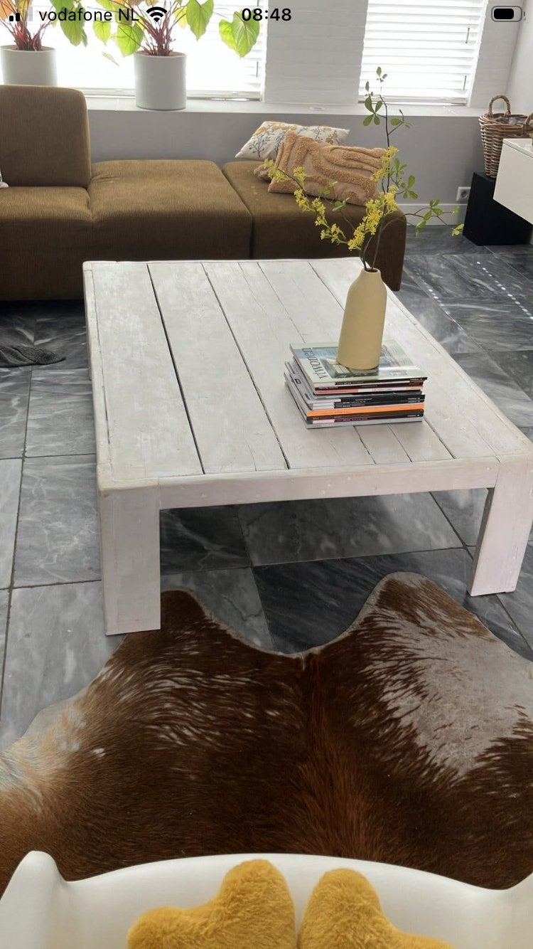 Robuuste salontafel van witgeverfd hout, Huis en Inrichting, Tafels | Salontafels, Ophalen, Gebruikt, 100 tot 150 cm, 50 tot 100 cm
