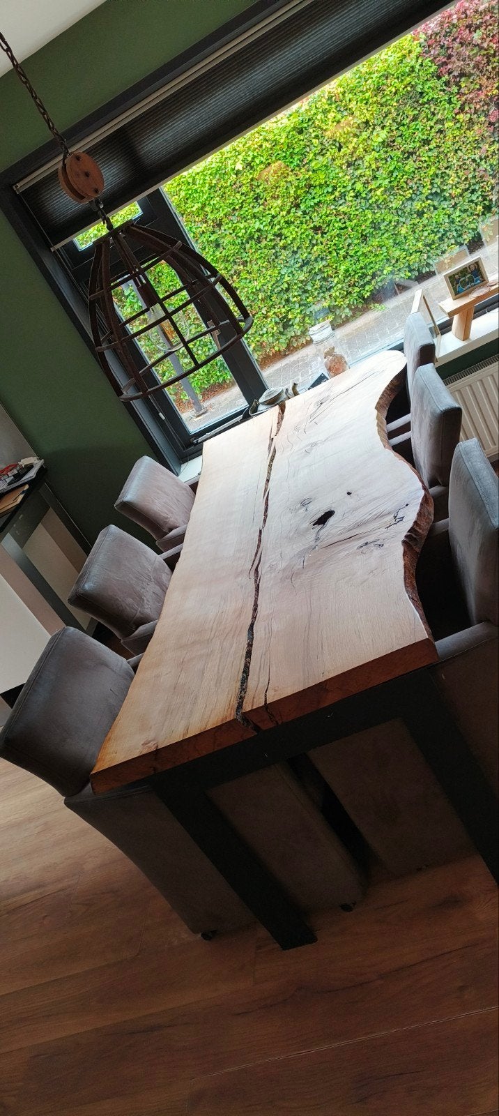 boomstamtafel met 6 stoelen 210x90, Ophalen, 200 cm of meer, 50 tot 100 cm, Rechthoekig