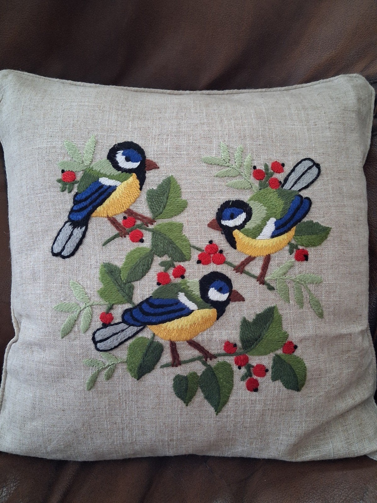 Kussen met geborduurde vogels, Ophalen of Verzenden, Zo goed als nieuw, Vierkant, Sierkussen