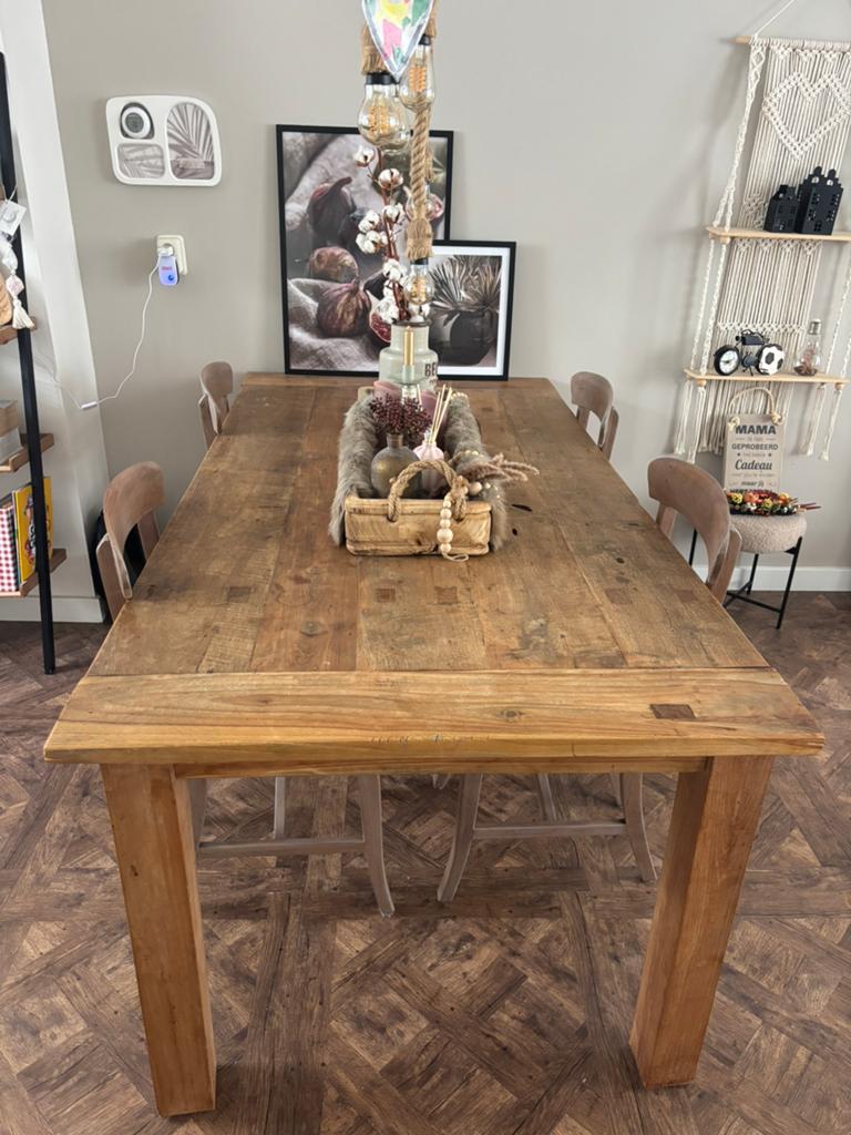 Teakhouten tafel met stoelen en zitkussens, Huis en Inrichting, Tafels | Eettafels, Ophalen, Teakhout, 200 cm of meer, 50 tot 100 cm