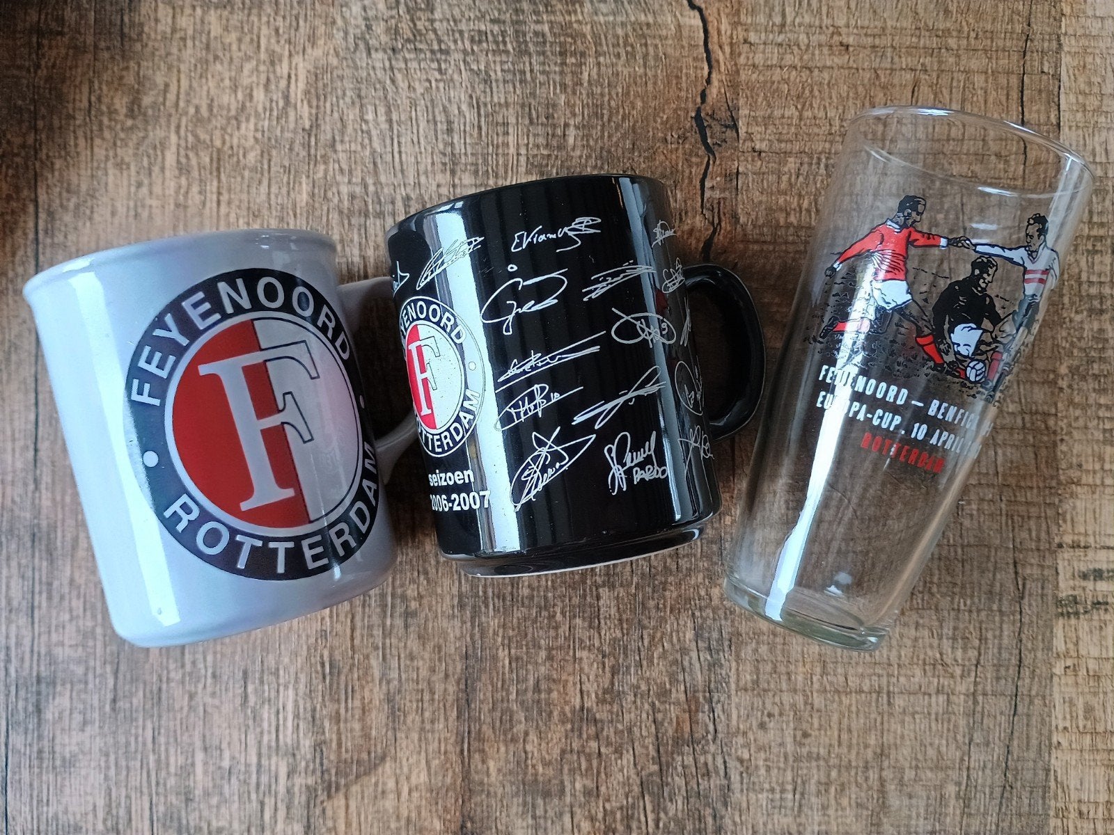 2 Feyenoord mokken en Feyenoord glas, Verzamelen, Ophalen of Verzenden, Gebruikt, Feyenoord, Overige typen