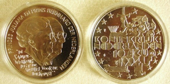 Juliana en Bernhard 10 ecu 1994, Postzegels en Munten, Penningen en Medailles, Verzenden, Overige materialen, Nederland