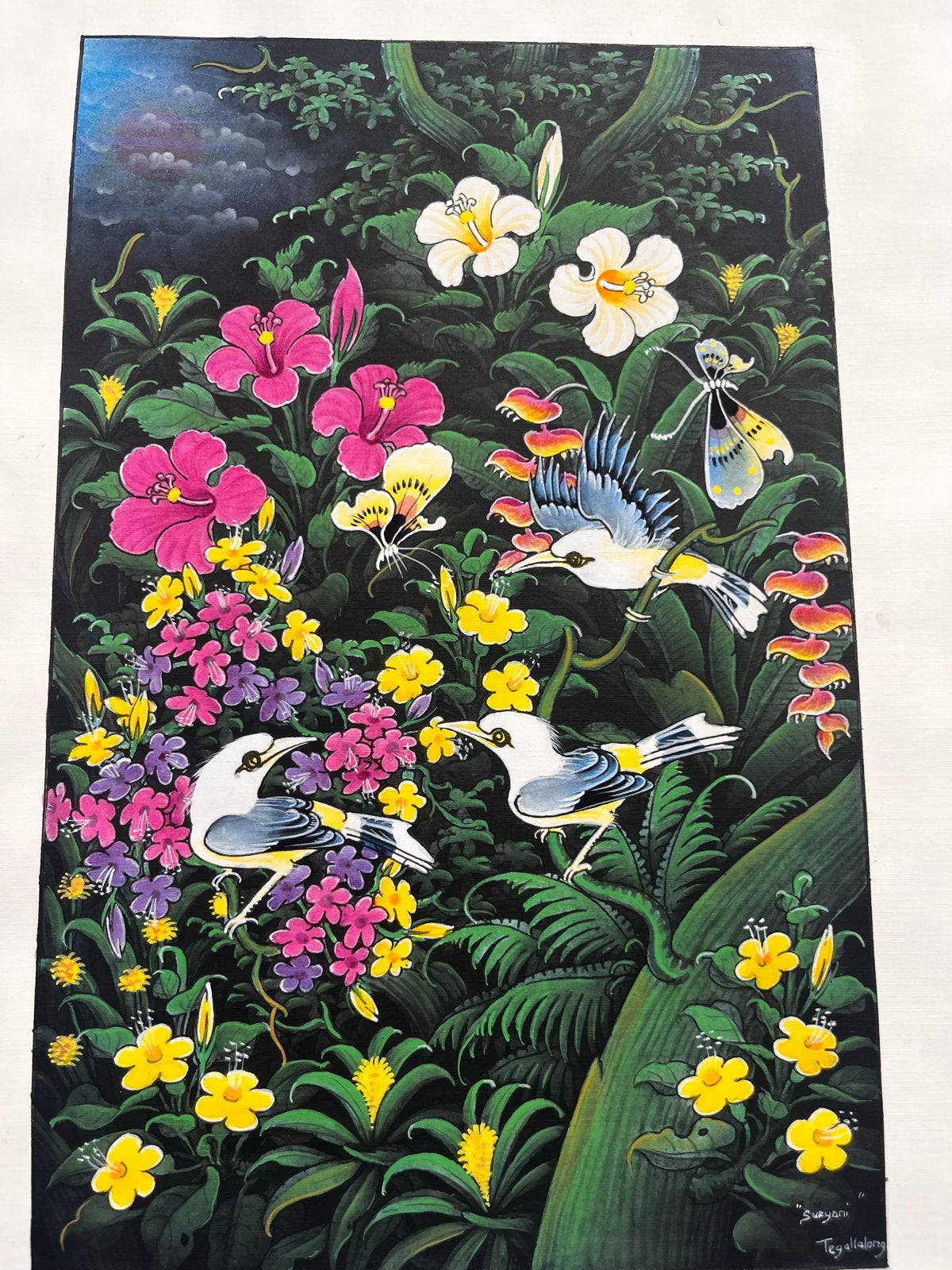 Suryani Tegallalang: Tropisch tafereel met vogels en bloemen, Ophalen, Acrylverf, Doek, Realistisch