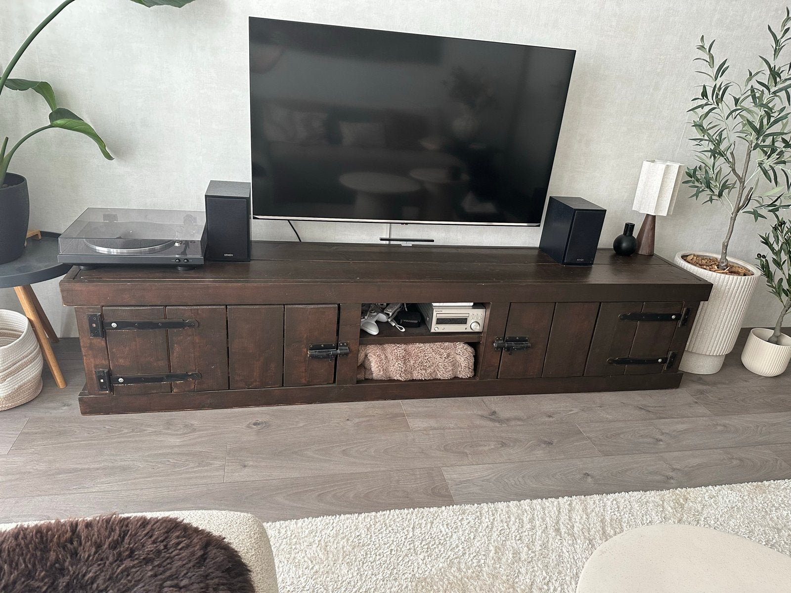 Massief steigerhouten tv meubel - Donkerbruin - 240cm, Ophalen, Gebruikt, 200 cm of meer, Minder dan 100 cm