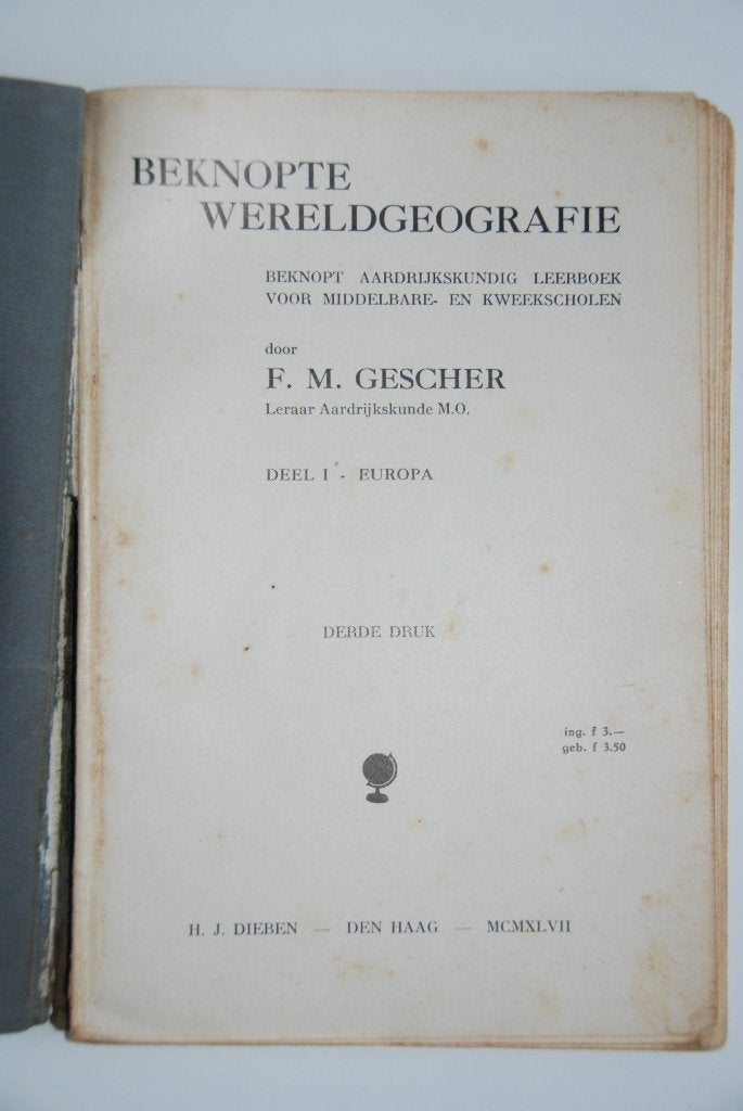 Beknopte Wereld geografie - F.M. Gescher 1947 Aardrijkskunde, Antiek en Kunst, Verzenden