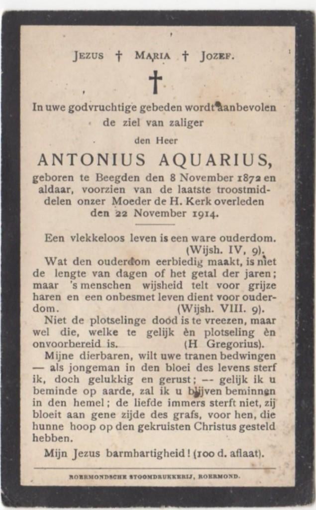 Antonius Aquarius 1872 Beegden + 1914 Beegden, 42 jaar, Verzenden