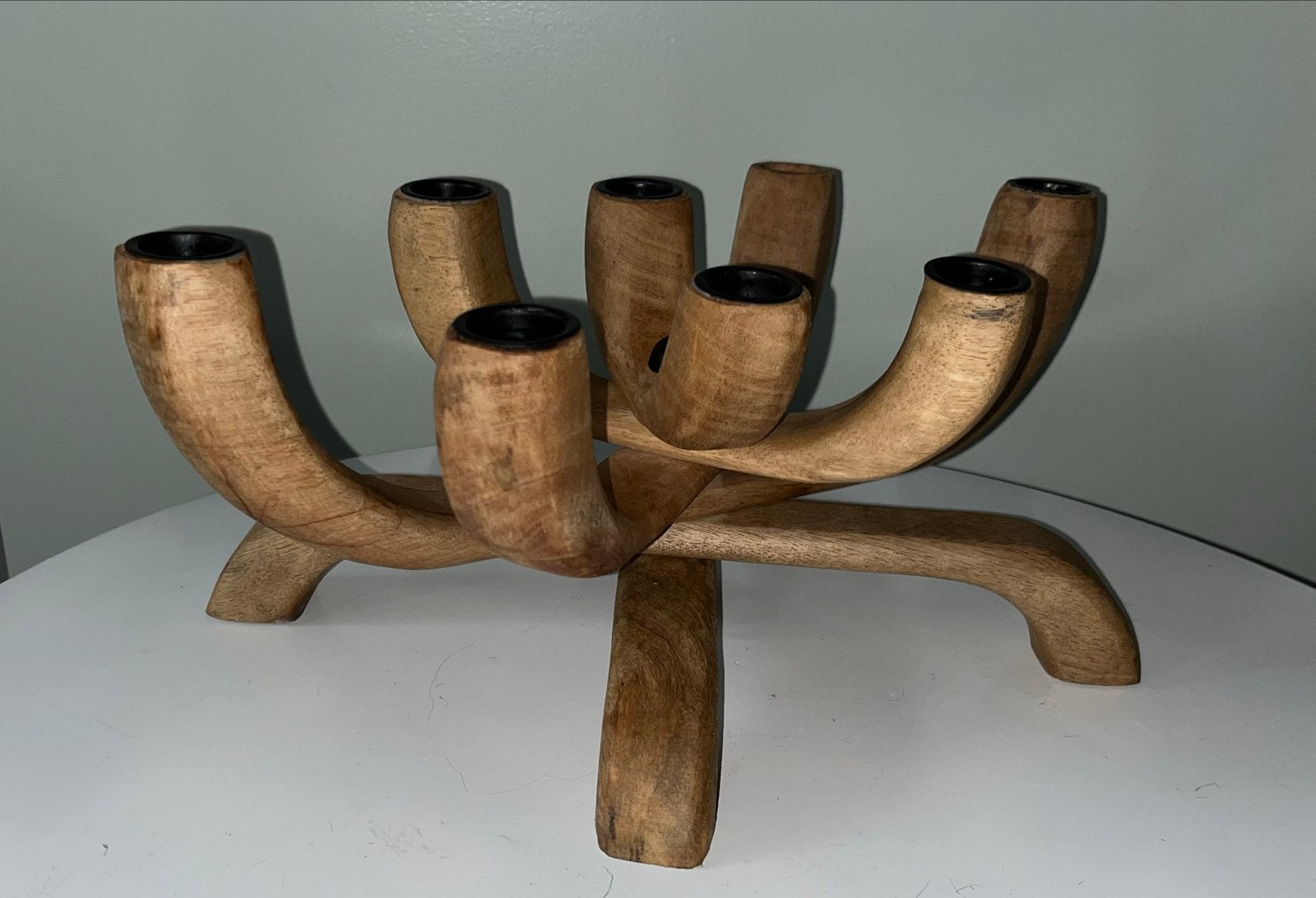 Houten Kandelaar voor 8 kaarsen - Uniek Design, Gebruikt, Bruin, Ophalen of Verzenden, Kandelaar