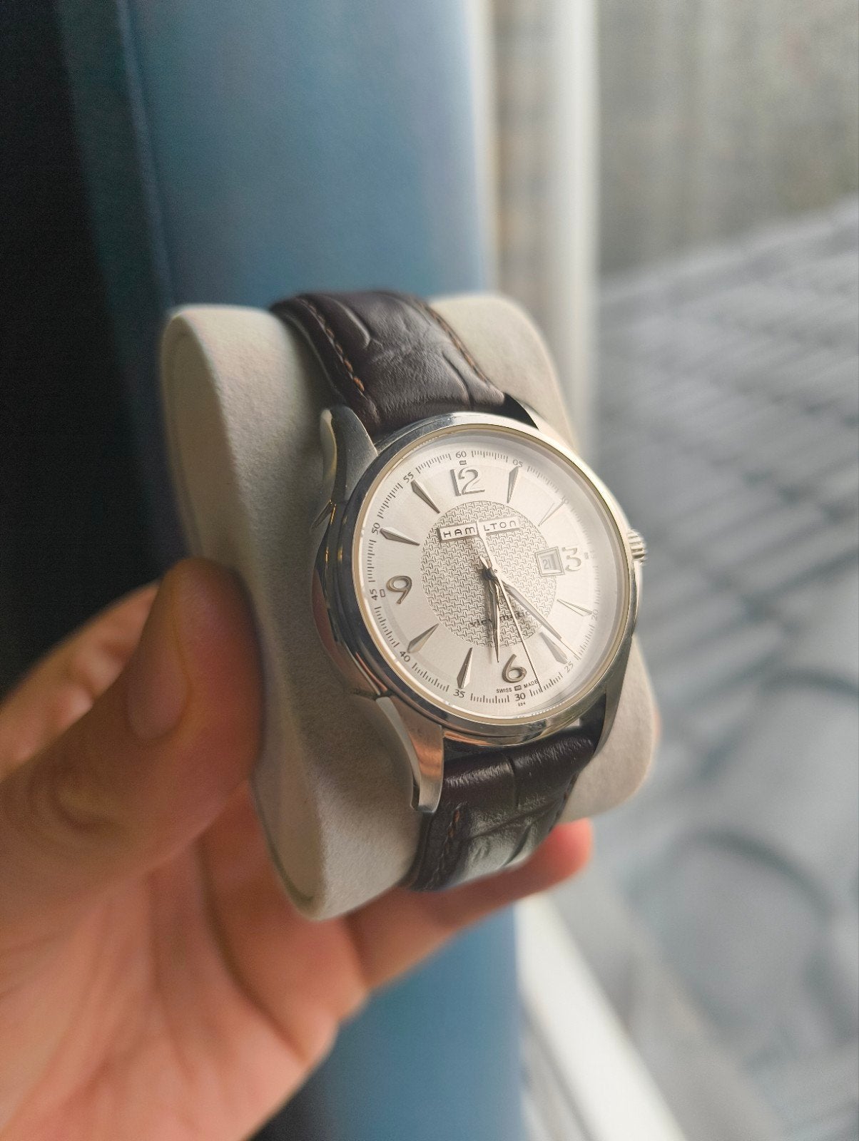 Hamilton Jazzmaster Viewmatic H323150 - Zo goed als nieuw, Leer, Staal, Polshorloge, Ophalen of Verzenden