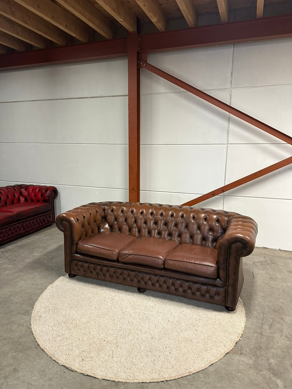 Bruine leren chesterfield bank 3 zits bankstel vintage, Verzenden