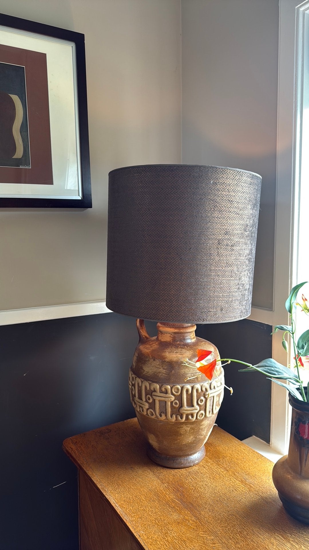 Grote retro lamp bruin , 80 cm hoor en 40 breed, Vintage, Keramiek, 80 cm, Bruin