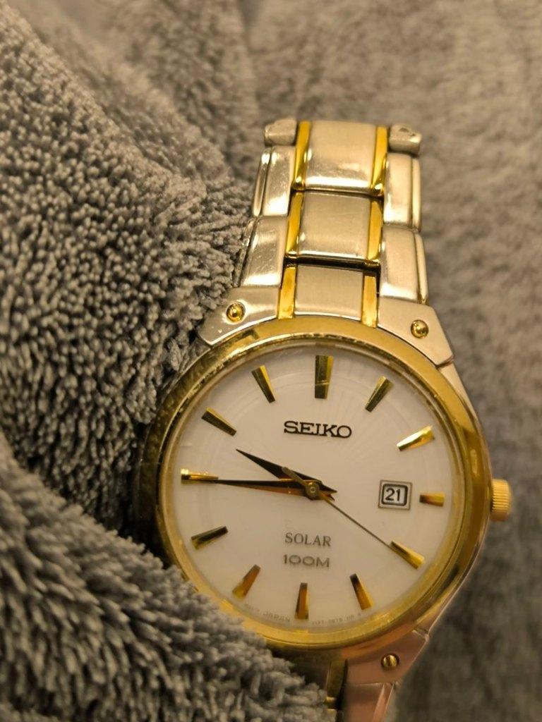 Seiko Solar SUT128 Ladies Two-Tone Elegant Watch 100M Water, Gebruikt, Staal, Verzenden, Polshorloge