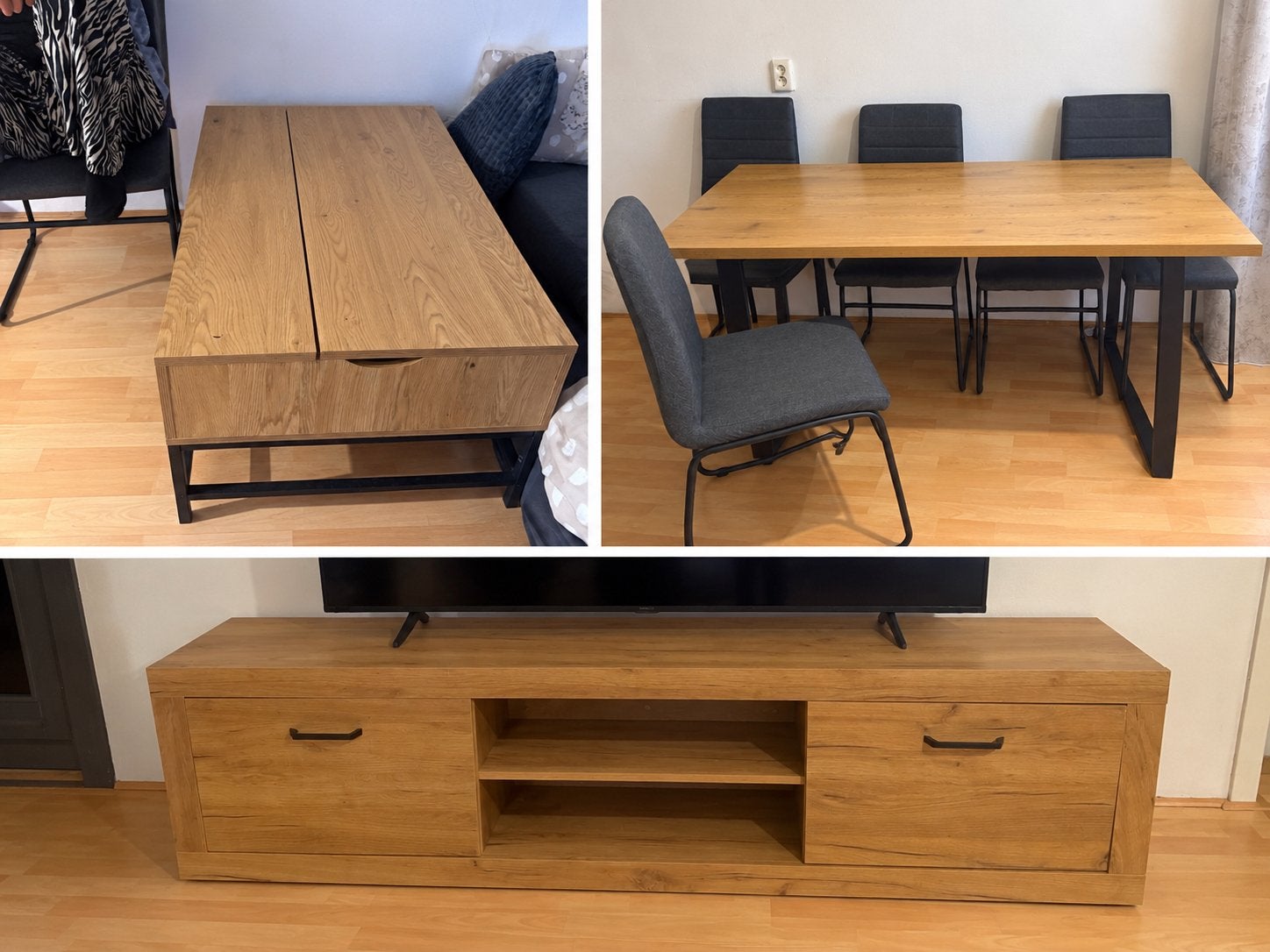 Complete set: Salontafel, eettafel en tv-meubel, Ophalen, 150 tot 200 cm, Eikenhout, Zo goed als nieuw