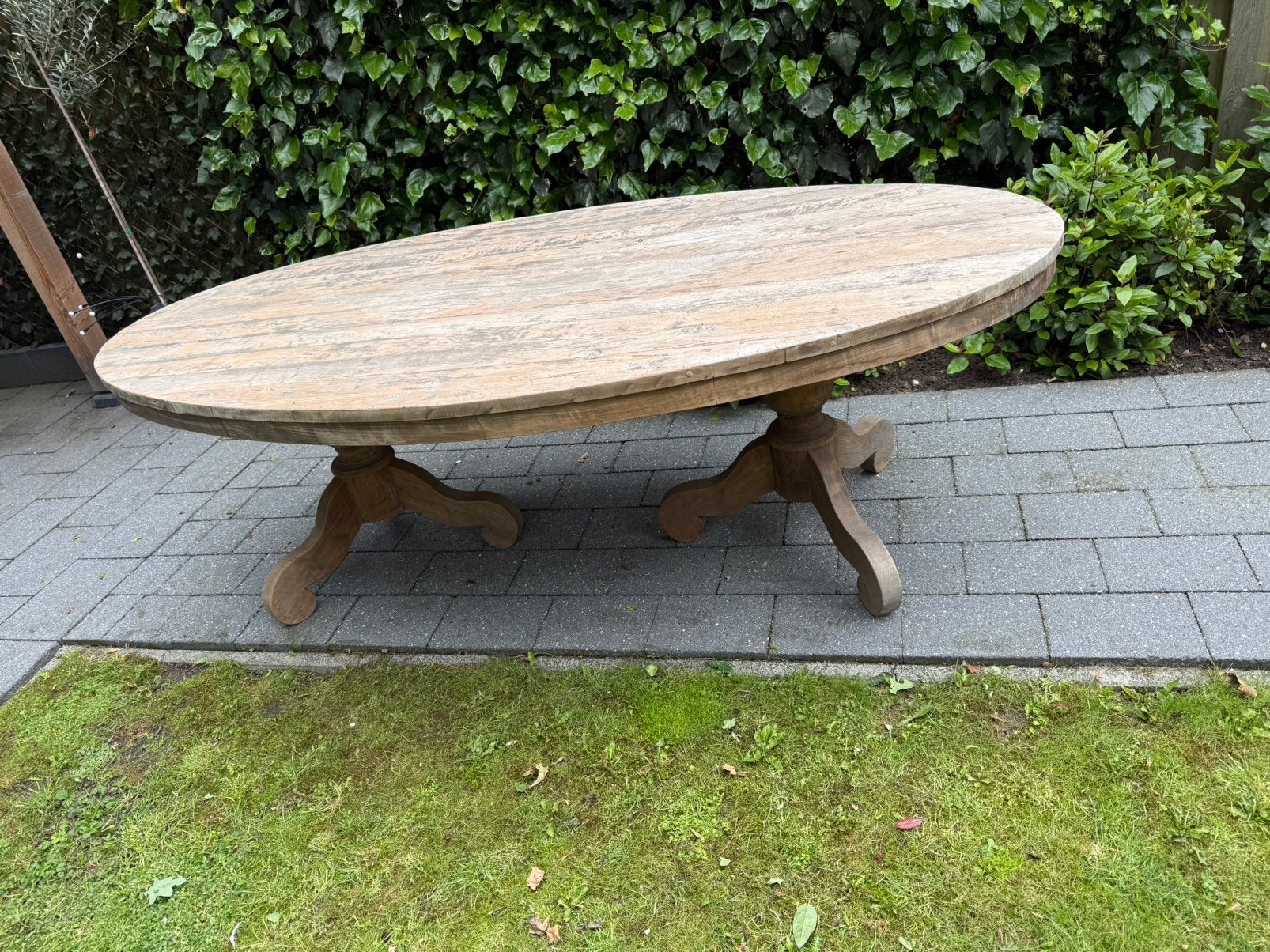Grote massief teak tafel 240x130 met dubbele kolompoten, Ophalen, Zo goed als nieuw, Ovaal, Teakhout