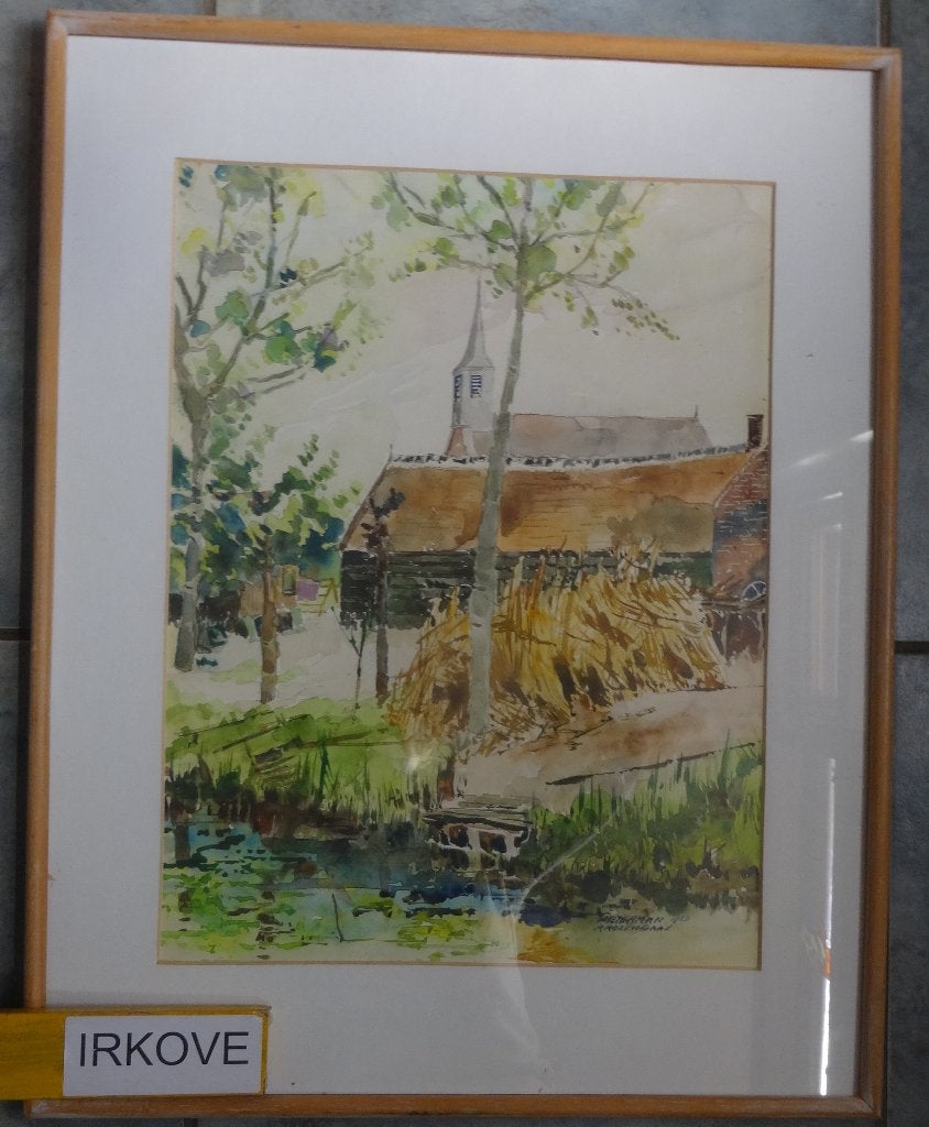AQUAREL BOERENSCHUUR EN KERK * In Lijst *, Gedateerd, Ophalen of Verzenden, Klassiek, Aquarel