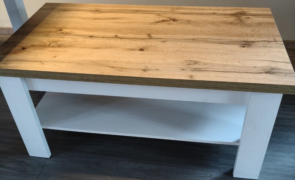 Salontafel MARKSKEL 60x110 wit/naturel eiken kleur, Ophalen, 50 – 75, Gebruikt, 100 tot 150 cm