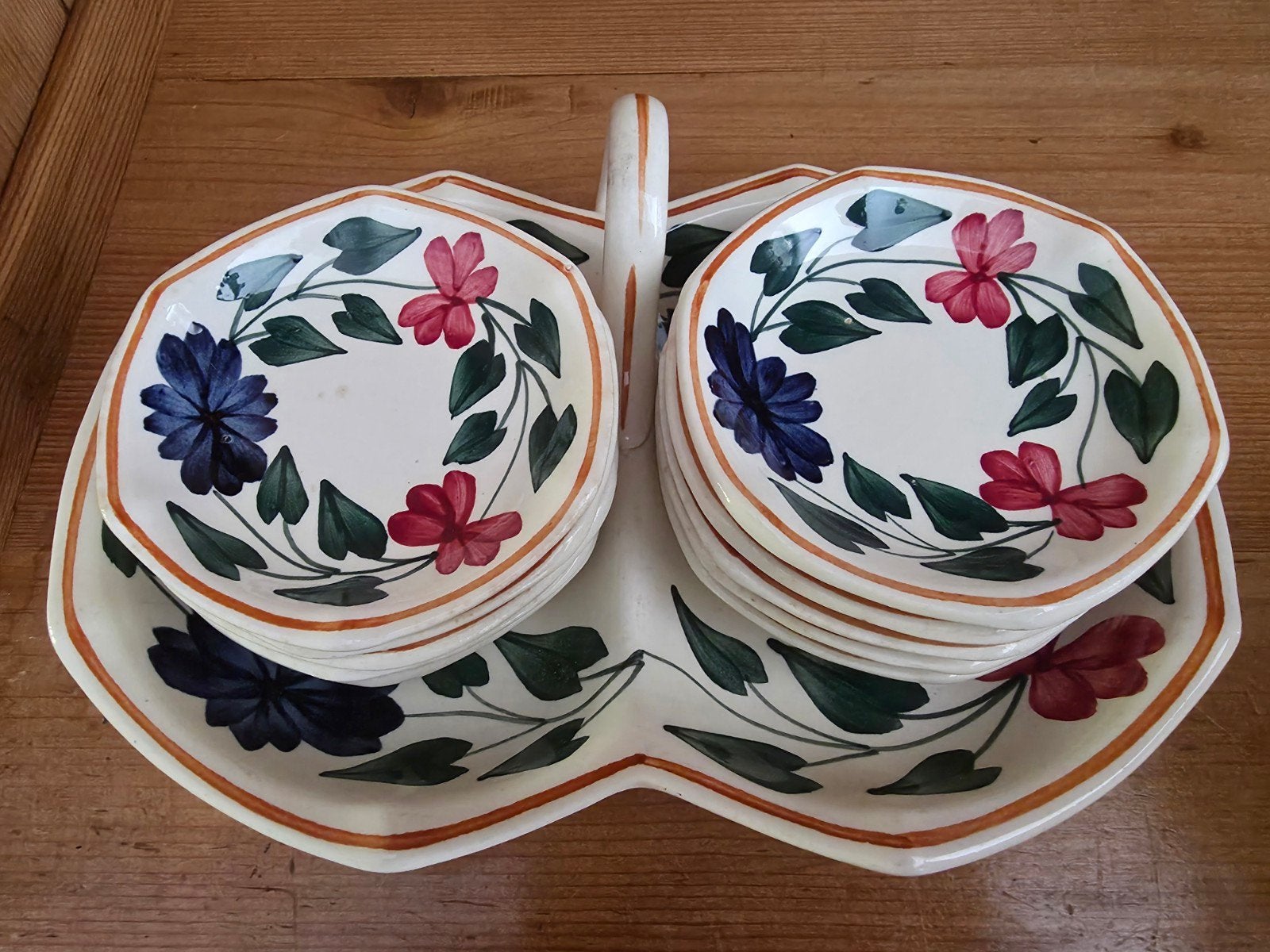 Boerenbont moederschaal met 10 petitfour, Antiek en Kunst, Antiek | Servies compleet, Ophalen of Verzenden