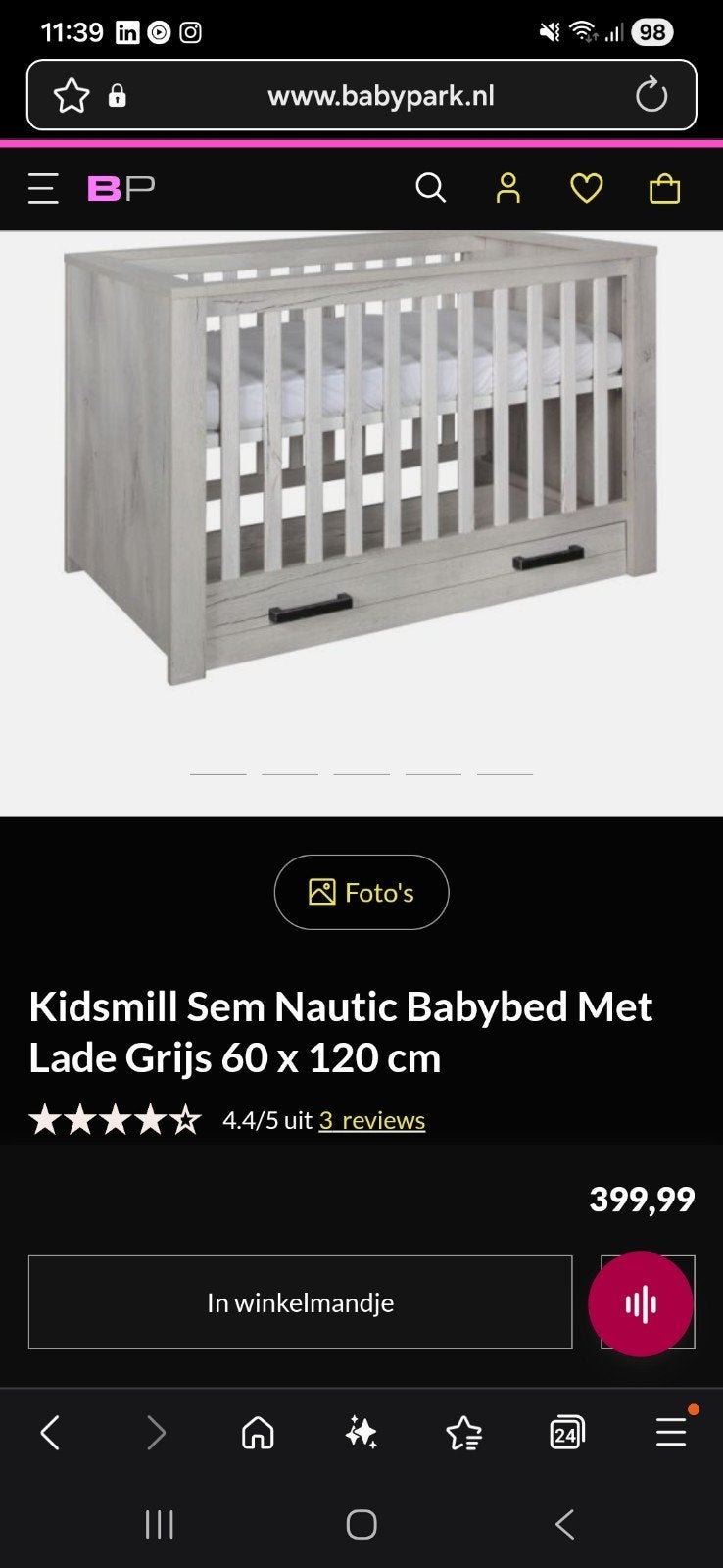 Kidsmill Sem Nautic Babybed met Lade Grijs 60x120 cm, Ophalen, Zo goed als nieuw, Ledikant