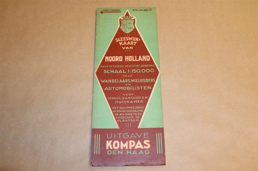 Sleeswijk's kaart van Noord-Holland - Uitg. Kompas 1935, Boeken, Gelezen, Ophalen of Verzenden, Landkaart, 1800 tot 2000