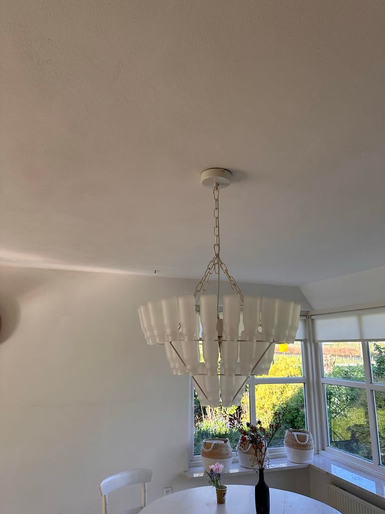 Kroonluchter met melkflessen - Blikvanger boven eettafel, Huis en Inrichting, Ophalen of Verzenden, Gebruikt, Glas