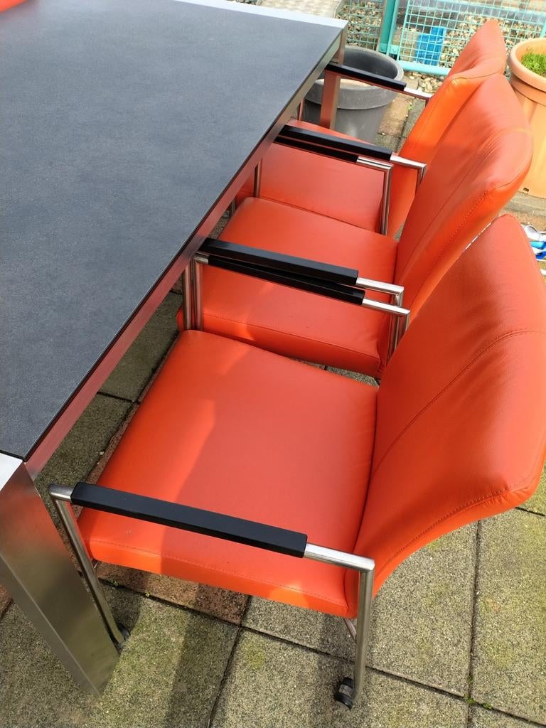 6 stoelen leder met tafel Trespa blad, Ophalen of Verzenden