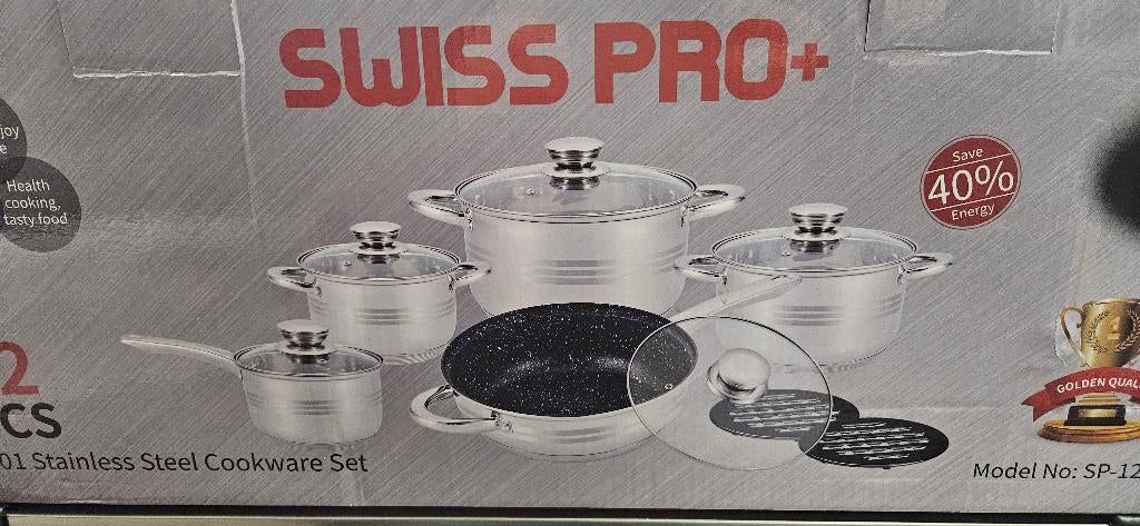 AANBIEDING! 12 delig pannenset Swiss pro+ NIEUW, Nieuw, Pannenset, Ophalen of Verzenden, Rvs