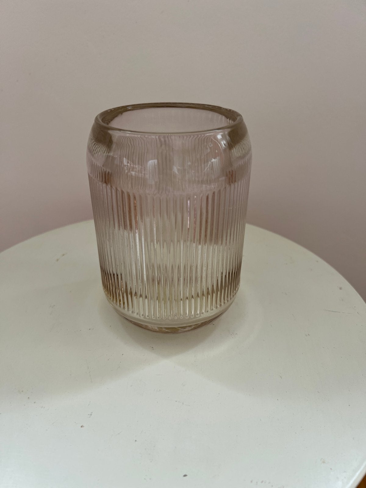 Luxe mondgeblazen windlicht / vaas – geribbeld glas (13cm), Windlicht, Gebruikt, Ophalen of Verzenden, Glas