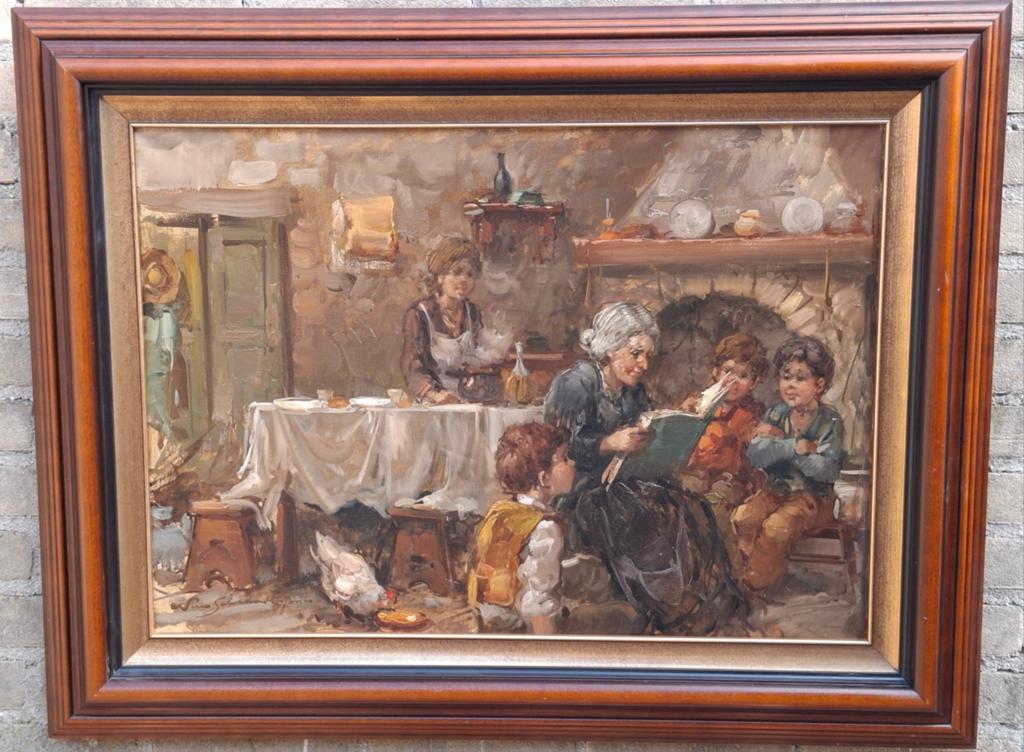NINO SALVADORI.  Oude vrouw die kinderen voorleest.  90/70cm, Antiek en Kunst, Kunst | Schilderijen | Klassiek, Ophalen