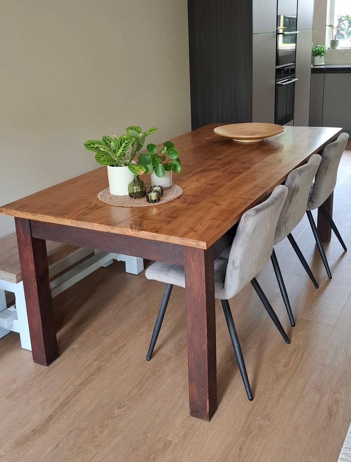 Teaktafel (220x98x80) met 3 velours stoelen en bank, Huis en Inrichting, Ophalen, Gebruikt, 200 cm of meer, 50 tot 100 cm