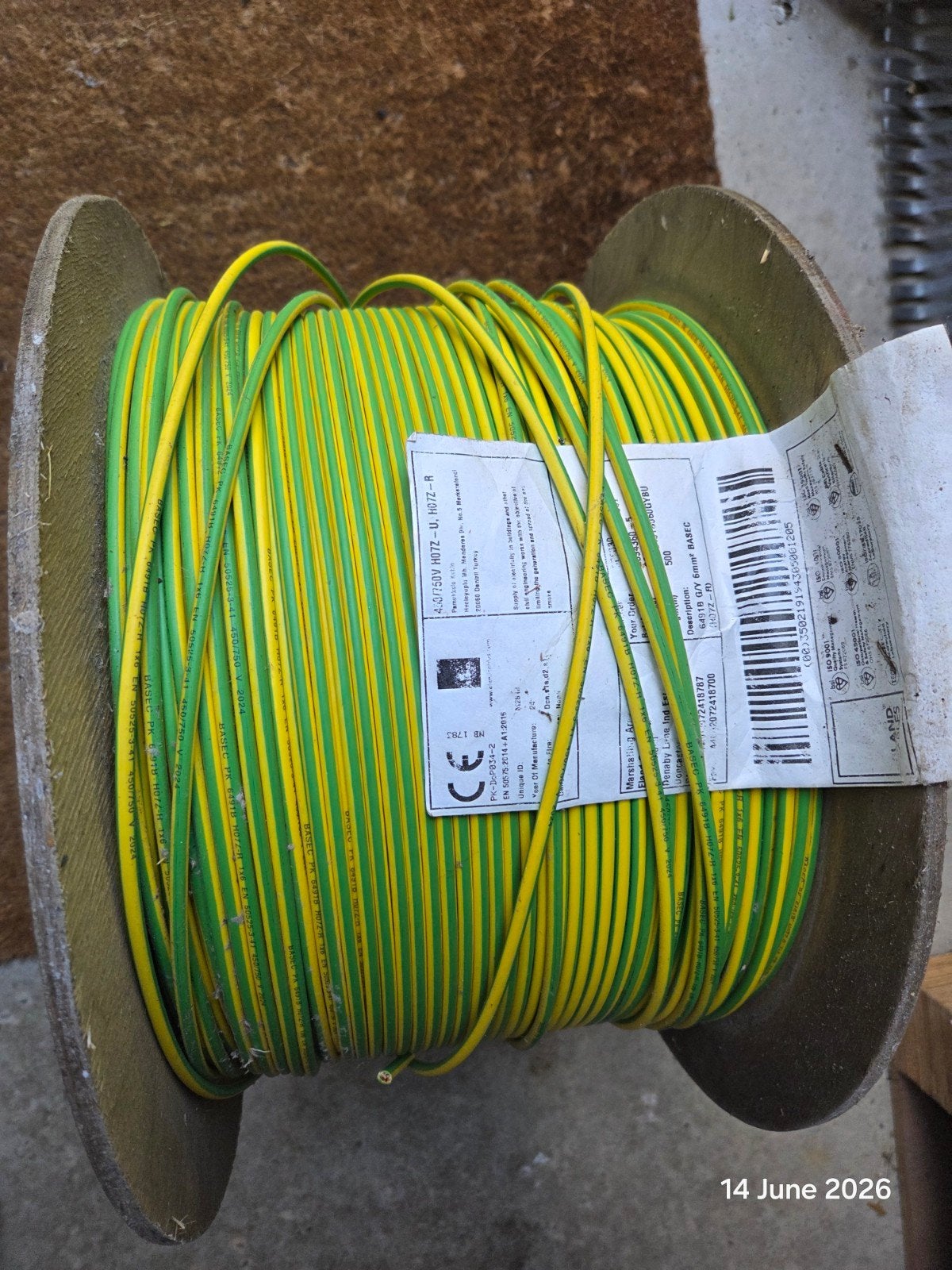 H07Z-R Aardingskabel 6mm2, groen/geel, ca. 400m op haspel, Doe-het-zelf en Verbouw, Elektra en Kabels, Ophalen, Nieuw, Kabel of Snoer