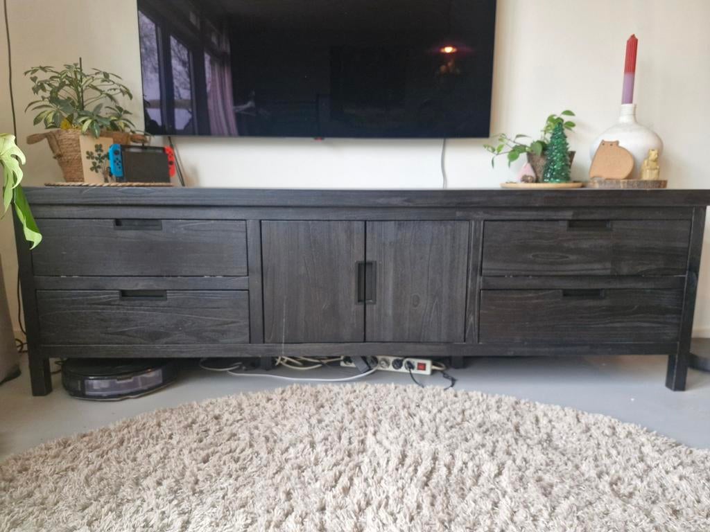 Zwart houten tv meubel met lades en deurtjes, Ophalen, Gebruikt, 200 cm of meer, Minder dan 100 cm