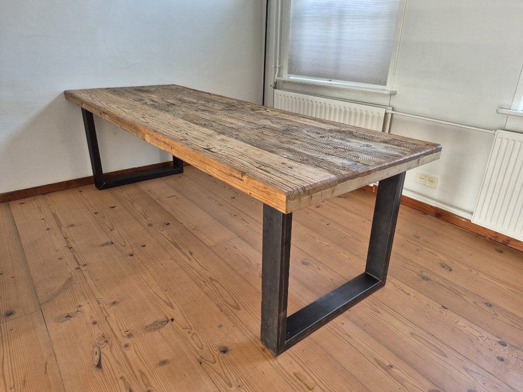 Unieke Eettafel van Chinese Deur met Gietijzeren Poten, Gebruikt, Industrieel, Landelijk, Authentiek, 200 cm of meer, 50 tot 100 cm