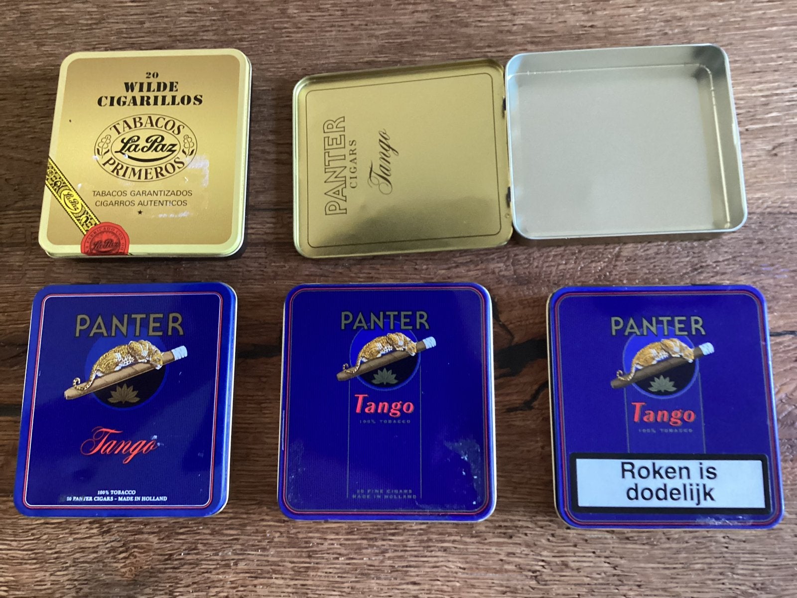 6 Vintage sigarenblikjes Panter Tango en La Paz, Verzamelen, Ophalen of Verzenden, Gebruikt, Tabaksdoos of Verpakking