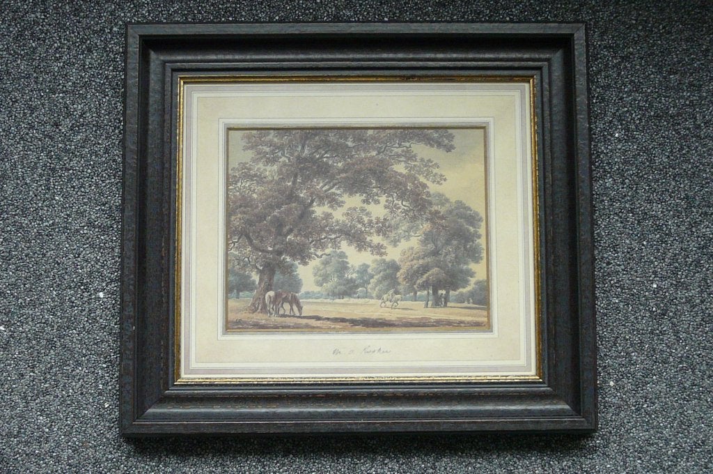 Antieke aquarel van Rooker: Paarden in landschap, Antiek en Kunst, Kunst | Schilderijen | Klassiek, Dieren, Papier, Ingelijst