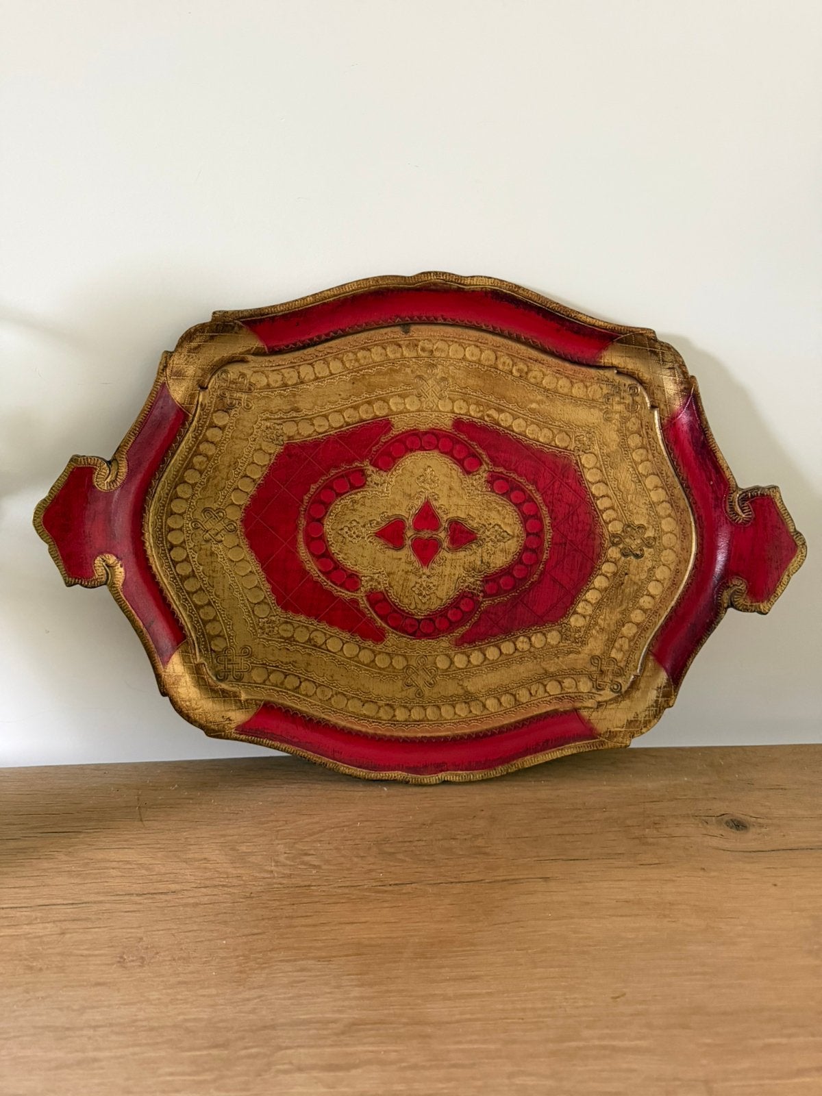 Groot Vintage Florentijns dienblad rood goud 51x35cm, Afgeronde hoeken, Ophalen of Verzenden, Zo goed als nieuw, Dienblad