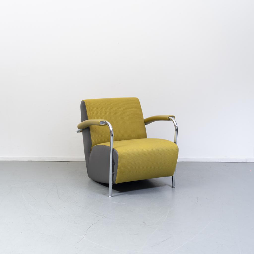 1x Leolux Scylla fauteuil geel/grijze stof, Huis en Inrichting, Fauteuils, Niet ingevuld, Niet ingevuld, Leer, Ophalen of Verzenden