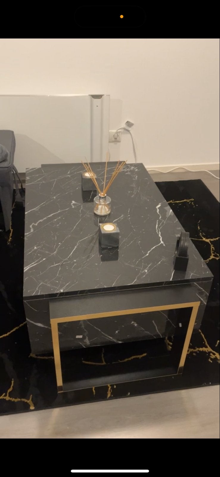 Moderne salontafel zwart marmerlook met goud accent, 100 tot 150 cm, Zo goed als nieuw, Metaal, 50 tot 100 cm