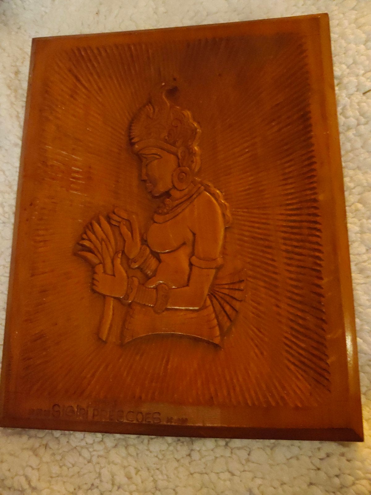 Houten wanddecoratie: Vrouw met waaier, gesigneerd, Ophalen of Verzenden, Wanddecoratie, 20 - 50 cm, Hout