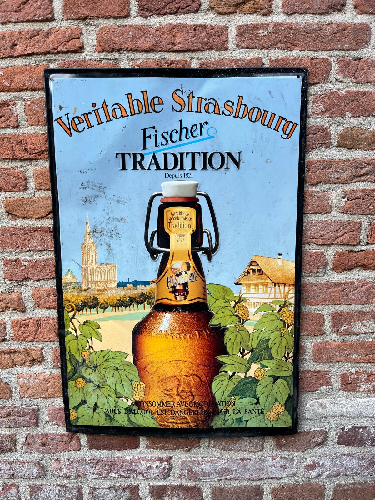 Vintage Fischer Bier metalen Reclame bord, Verzamelen, Ophalen, Gebruikt, Reclamebord, Plaat of Schild, Overige merken