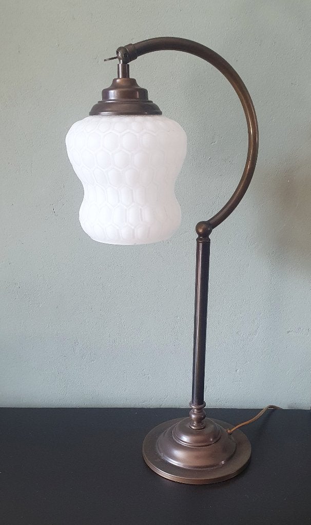 Vintage Bureaulamp Art Deco style met Opaline glazen kap, Ophalen of Verzenden, Gebruikt, Glas