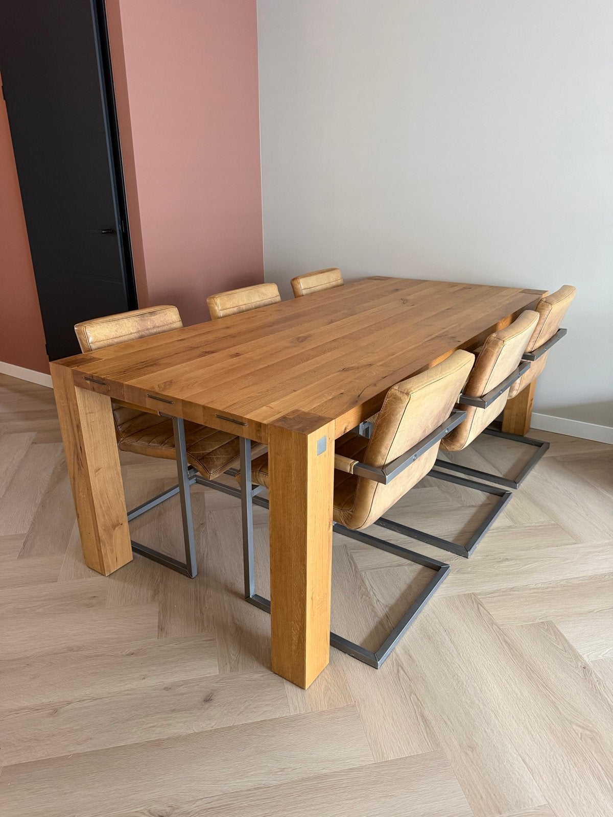 Robuuste eettafel met 6 stoelen - 220x100x78 cm, Ophalen, Gebruikt, 100 tot 150 cm, 200 cm of meer