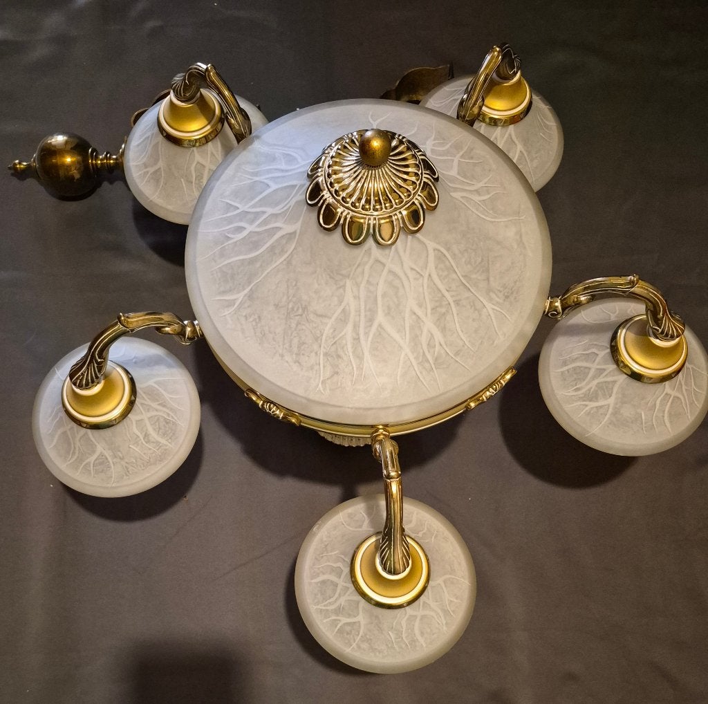 Vintage Spaanse kroonluchter messing en matglas, Huis en Inrichting, Ophalen, Zo goed als nieuw, Overige materialen