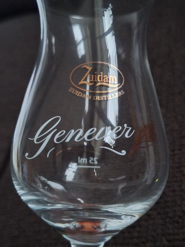 GENEVER Zuidam glas, gouden logo, 18 cm hoog, Verzamelen, Ophalen of Verzenden, Zo goed als nieuw, Borrel- of Shotglas