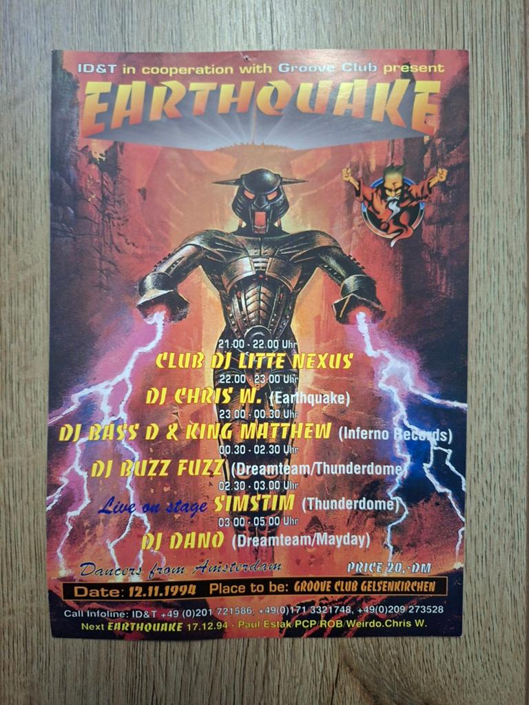 Originele Earthquake Flyer uit 1994, Verzamelen, Rechthoekig Staand, A4 of kleiner, Ophalen of Verzenden, Zo goed als nieuw