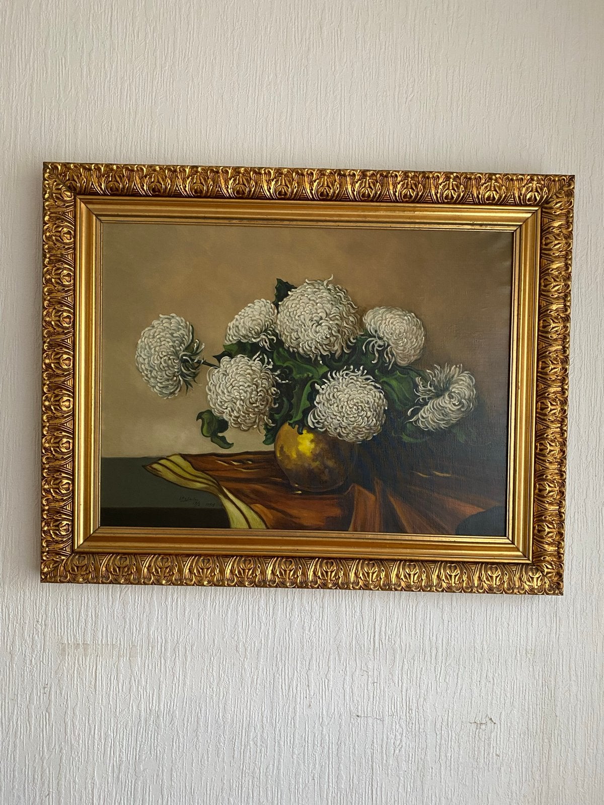 Stilleven met witte chrysanten, gesigneerd J.F. Santen, Antiek en Kunst, Kunst | Schilderijen | Klassiek, Ophalen, Gedateerd, Doek