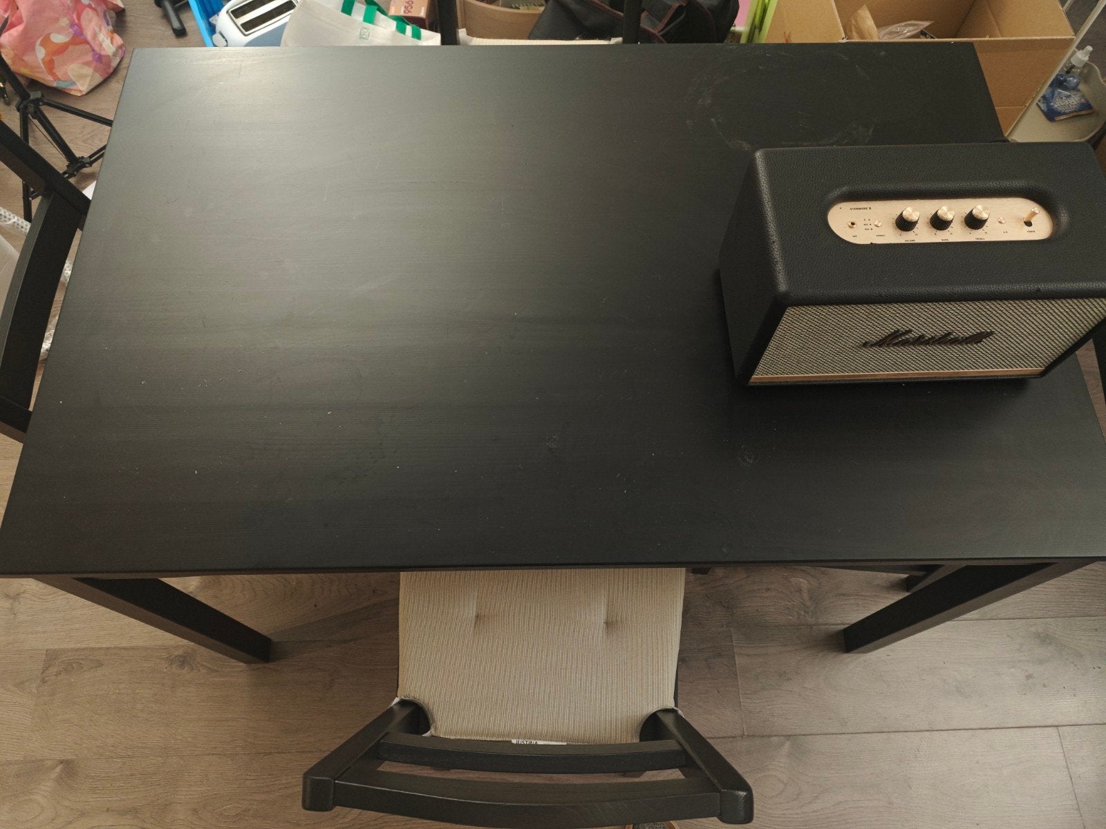 IKEA HÄGERNÄS eettafel + 4 stoelen, zwart, Ophalen, Gebruikt, 50 tot 100 cm, Grenenhout