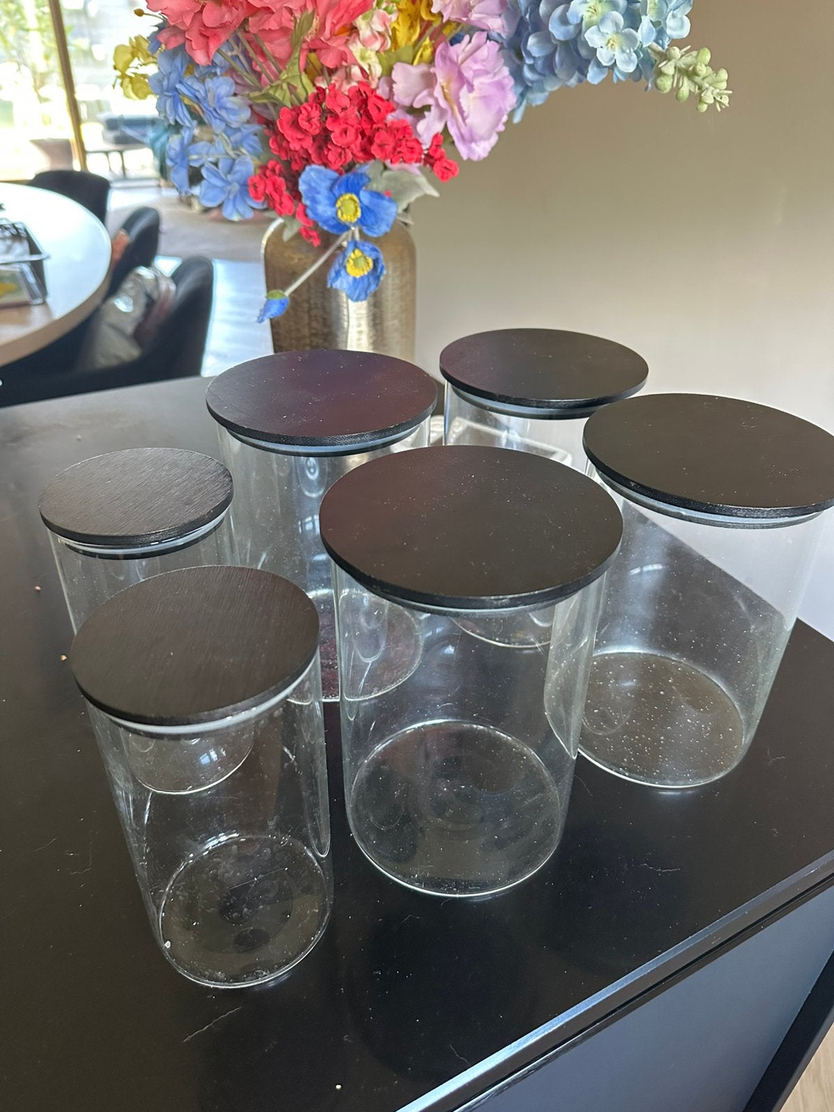 6 glazen voorraadpotten, Ophalen, Zo goed als nieuw, Glas, Pot, Bus of Blik