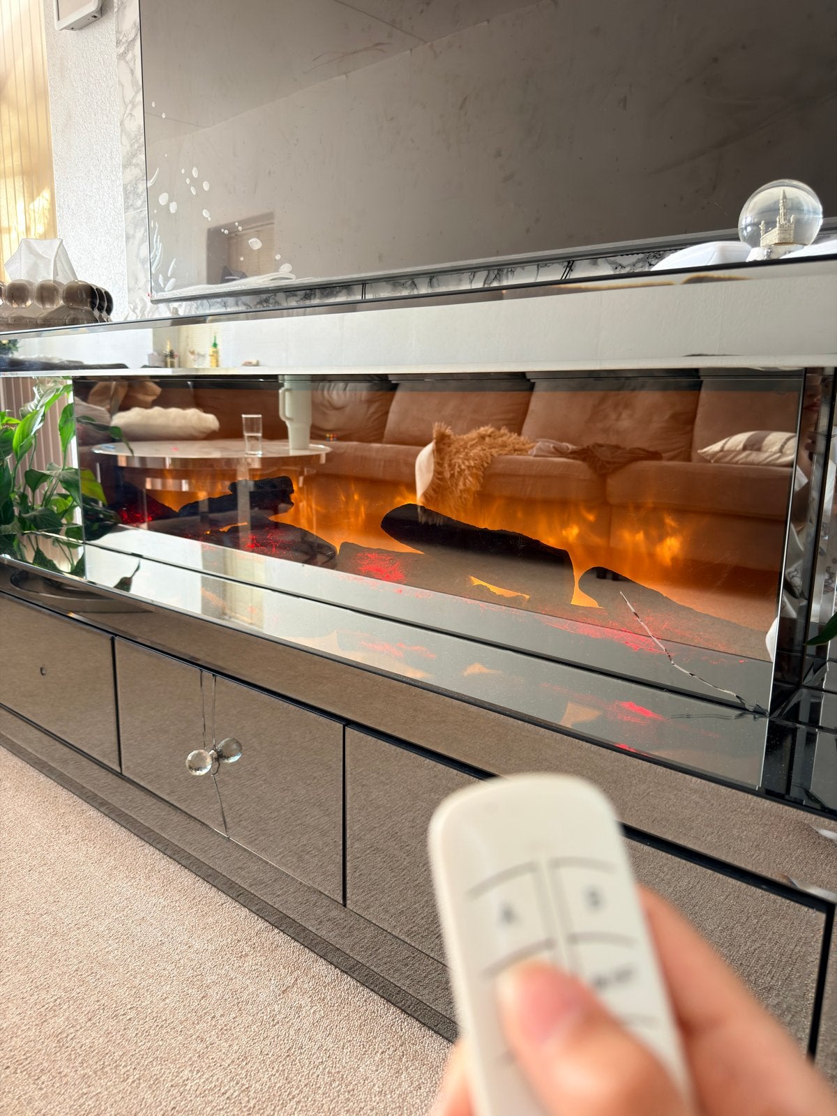Spiegel TV-meubel met sfeerhaard en Bluetooth speaker, Huis en Inrichting, Ophalen, Overige materialen, Gebruikt, 150 tot 200 cm