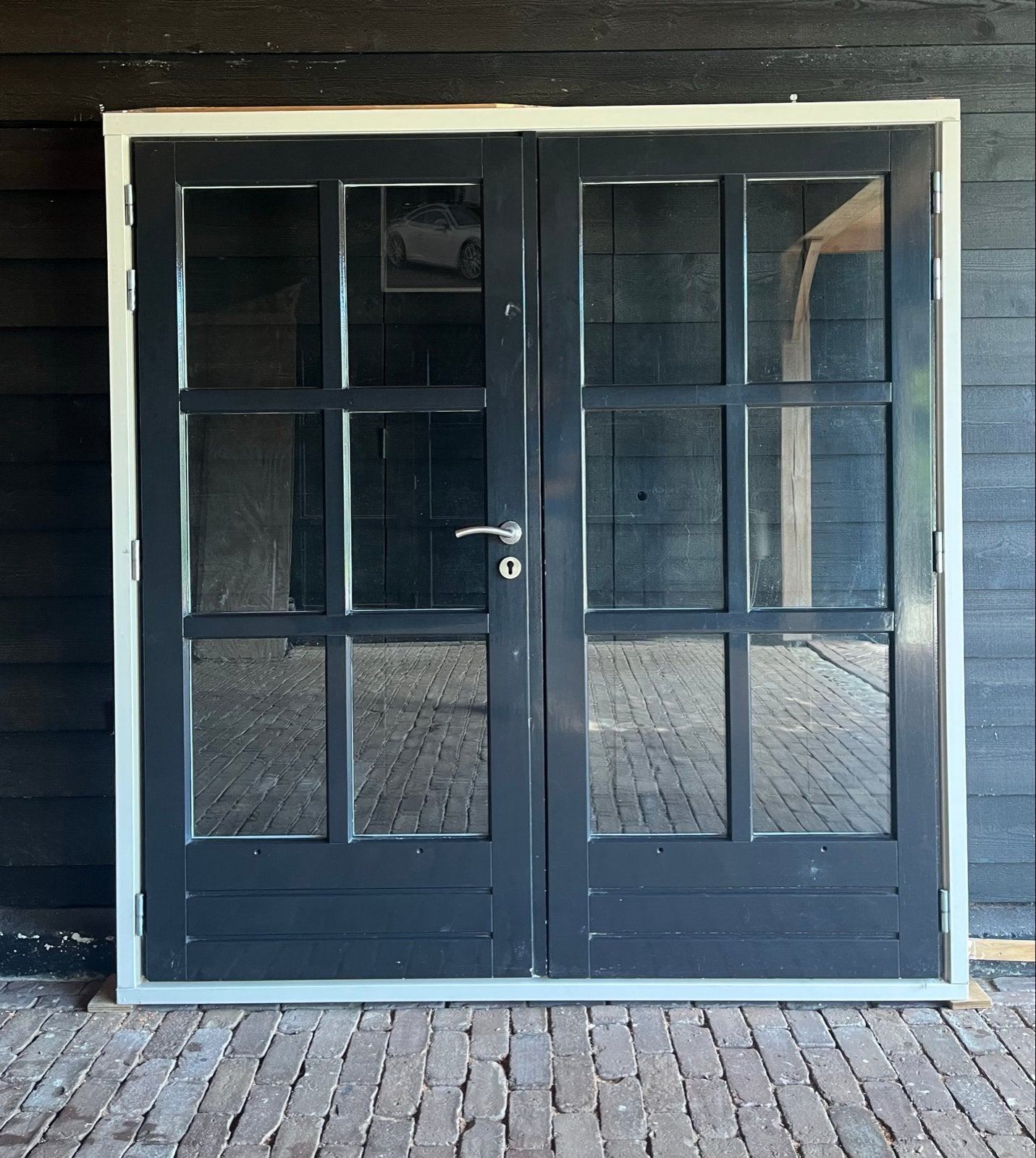 Nette Tuindeuren 3-puntsl + nieuw kozijn enz. 200,5x 210,5 h, Deurkozijn, Zo goed als nieuw, Hout, Ophalen